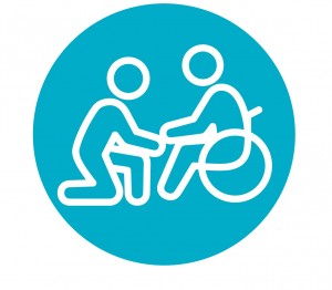 Icon of two adults, facing each other and touching hands. One is sitting in a wheelchair.