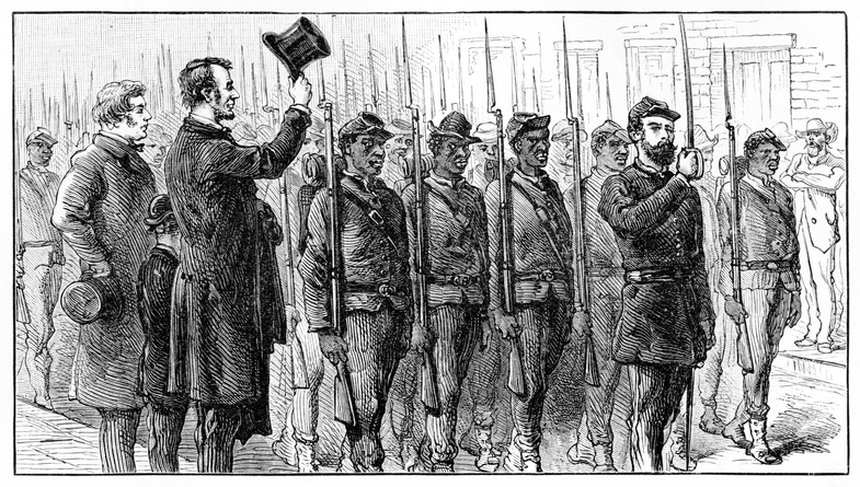 lithograph of President Lincoln with Black troops