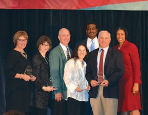 Front row, from left: Kim Strom-Gottfried, Elizabeth DuMez, Allan Barsky, Ruth Lipschutz and Frederic Reamer receive the Excellence in Ethics Award during NASW’s 60th anniversary forum in October. Not pictured: Award recipient Natalie Holzman. Back row, from left: NASW CEO Angelo McClain and Dawn Hobdy, director of NASW’s Office of Ethics and Professional Review.