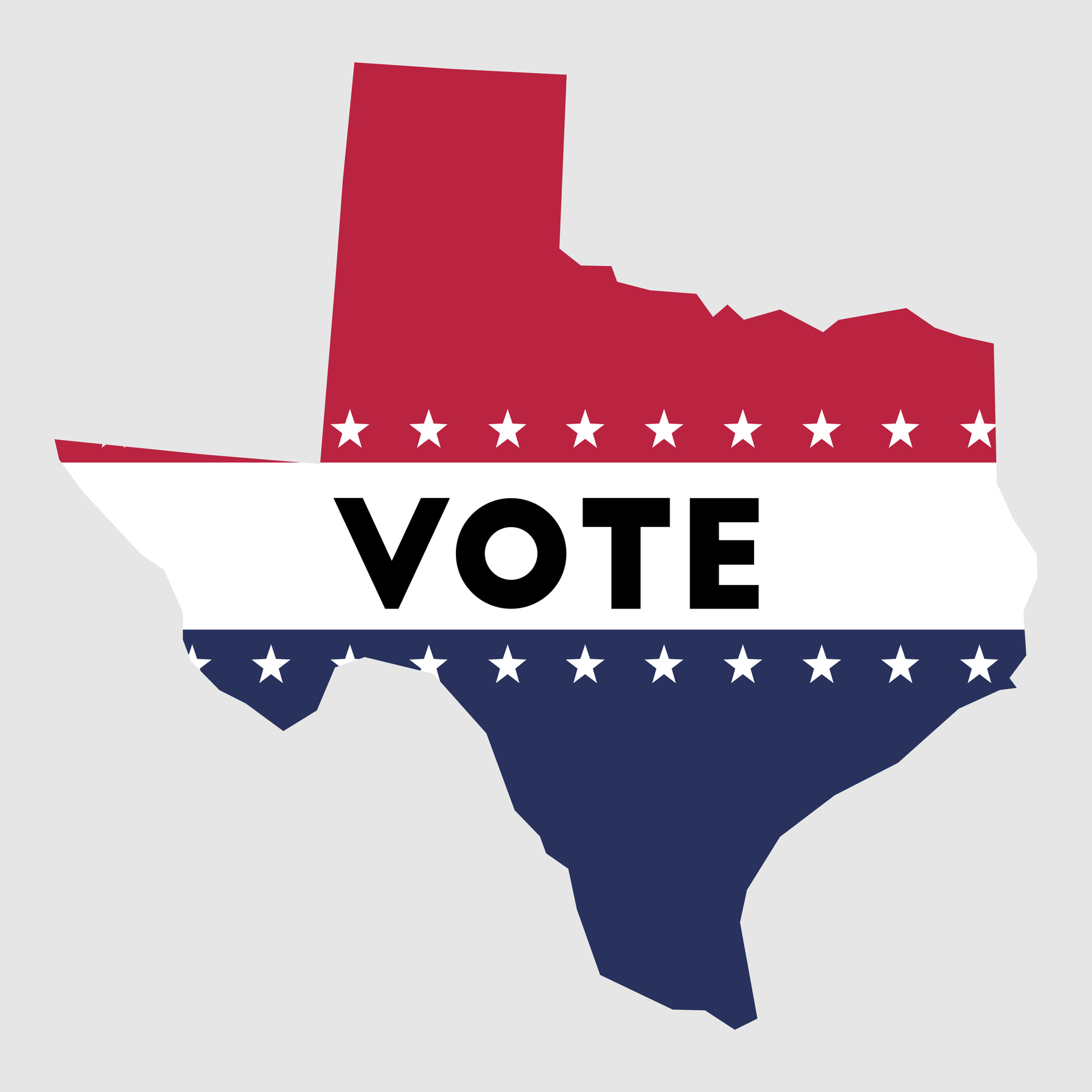 Vote Texas state map outline. Map of Texas with word Vote across it