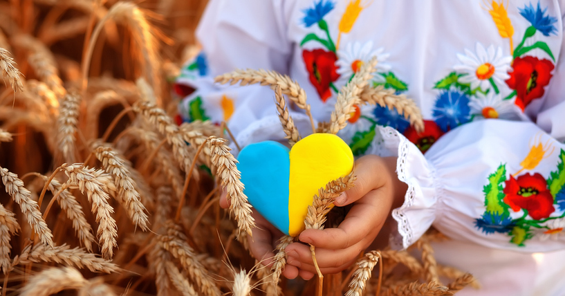 yellow and blue hear, wheat in the hands of a child