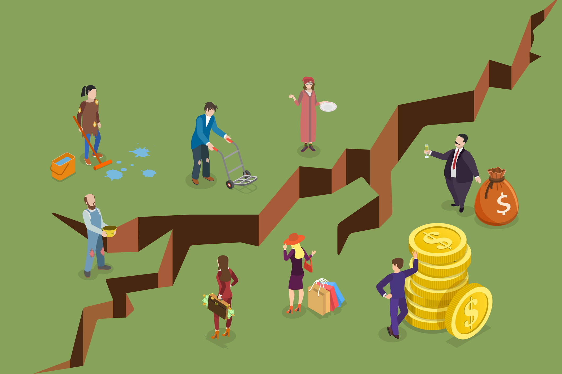 Image showing rich people separate from poor people by a widening chasm.