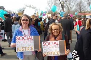 National Association of Social Workers Senior Field Organizer Dina Kastner (left) and Senior Practice Associate Rita Webb at the U.S. Supreme Court event on March 23 to push for women's right to birth control in their health care coverage.