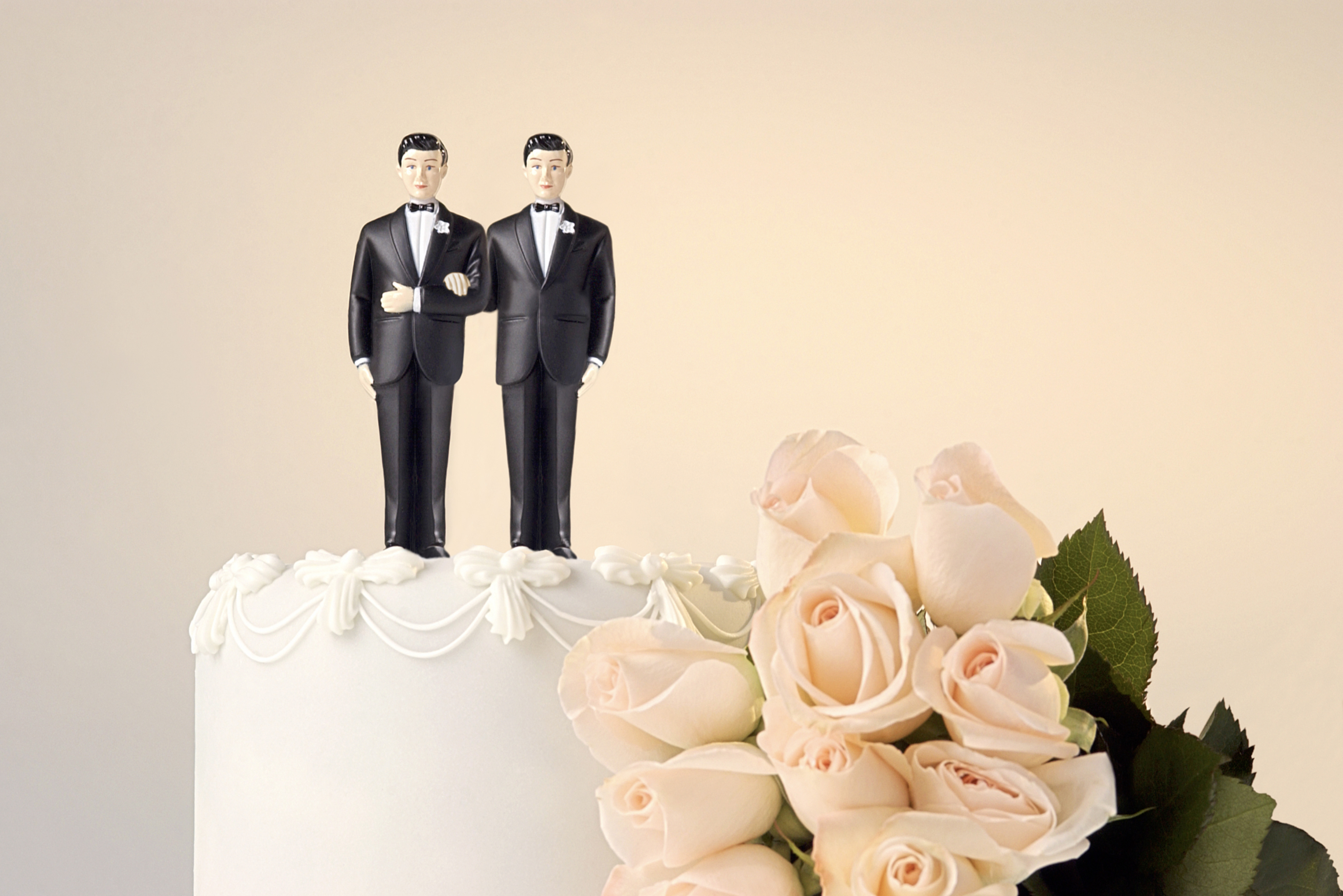 Wedding cake topper with two people in suits, flowers