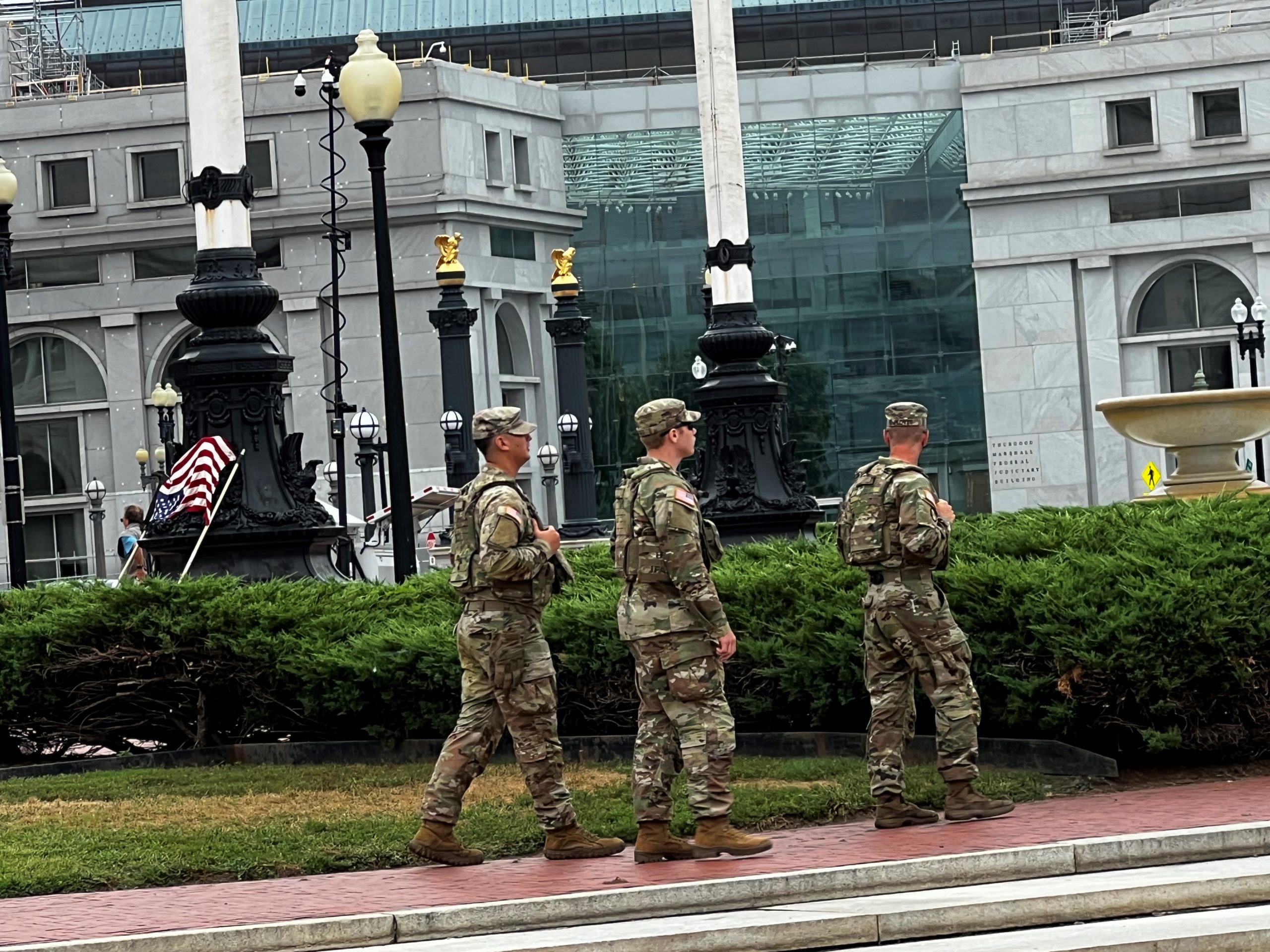 National Guardsmen patrol in front of Washington, D.C.'s Union Station.
