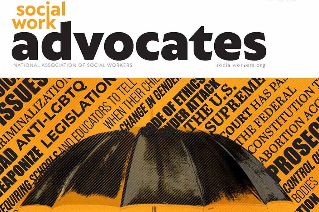cover of Social Work Advocates magazine, umbrella showered with words