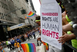 Pride march, sign that reads Transgender rights are human rights